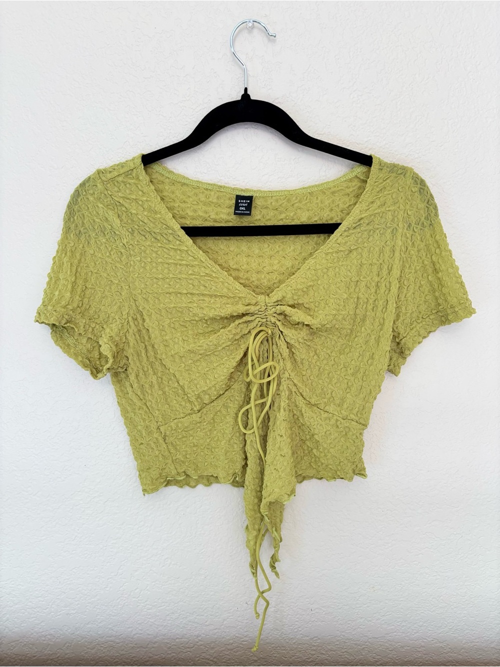Lime Green Textured Drawstring Crop Top